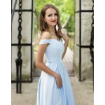 Rochie eleganta lunga clasica in nuanta bleu cu umeri goi si fusta ampla